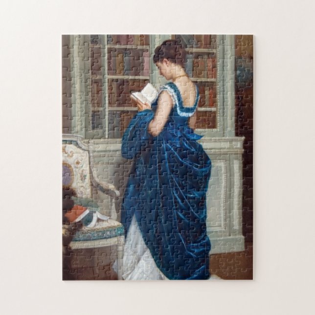 Elegant viktoriansk kvinna som läser i bibliotek pussel (Vertikal)