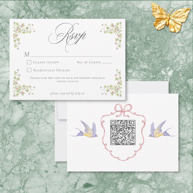 Elegant Viktoriansk Pastell Blommig Slinga Bröllop OSA Kort (Elegant Victorian Pastel Floral Bow Wedding QR RSVP Card)