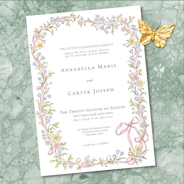 Elegant viktoriansk pastell blomsterbåge bröllop inbjudningar (Elegant Victorian Pastel Floral Bow Wedding Invitation)