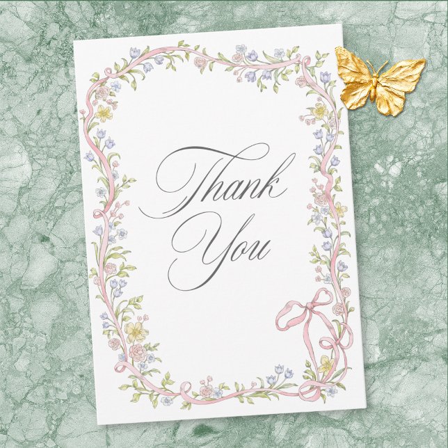 Elegant viktoriansk pastell blomsterbåge bröllop tack kort (Elegant Victorian Pastel Floral Bow Wedding Thank You Card)