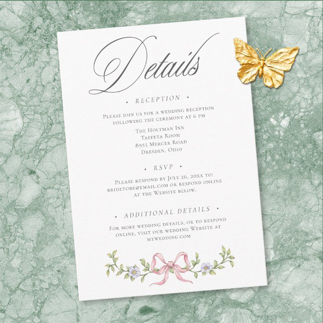 Elegant viktoriansk pastellblomma båge bröllopsdet tilläggskort (Elegant Victorian Pastel Floral Bow Wedding Detail Enclosure Card)