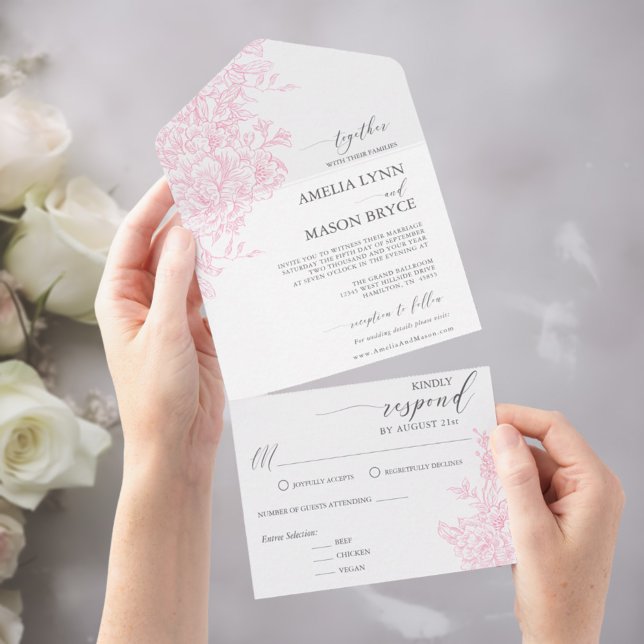 Elegant viktoriansk rosabruden blommig bröllopsinb (Elegant Victorian Blush Pink Floral Wedding All In One Invitation)
