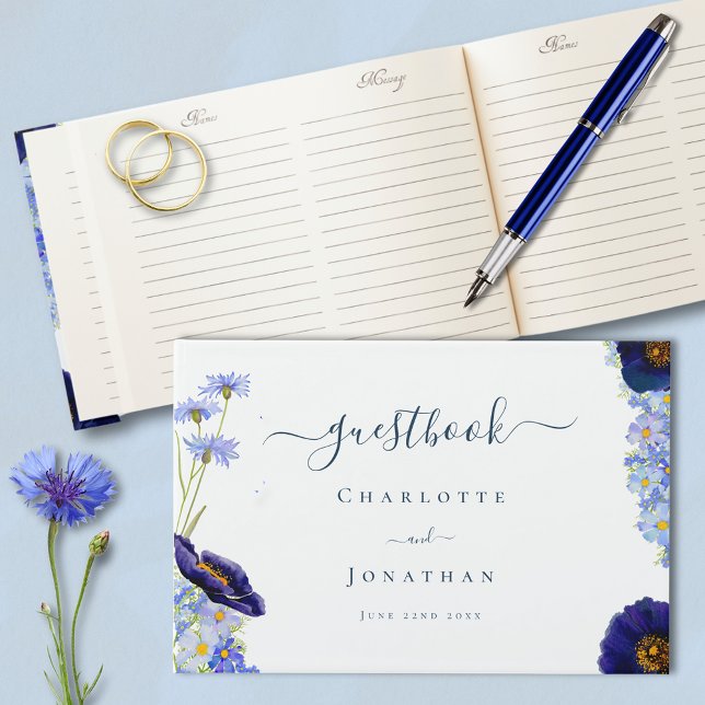Elegant Vild Blå Bröllopsgäst Gästböcker (Elegant blue summer floral watercolor wildflowers stylish typography script wedding guest book)
