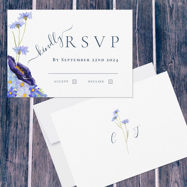Elegant Vild Blå Bröllopsinbjudan OSA Kort (Summer florals blue watercolor wildflowers original artwork by artist Catherine Sweetman )