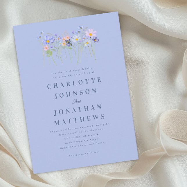 Elegant Vild Blomma Blå Rosa Blommig Bröllop Inbjudningar (Elegant wildflower blue & Pink watercolor Floral wedding invitation cornflower navy blush flowers)