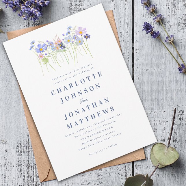 Elegant Vild Blomma Blå Rosa Blommig Bröllop Inbjudningar (Elegant wildflower watercolor floral pink blue wedding invitation)