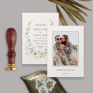 Elegant vild blommande beige foto spara datum  inbjudningar