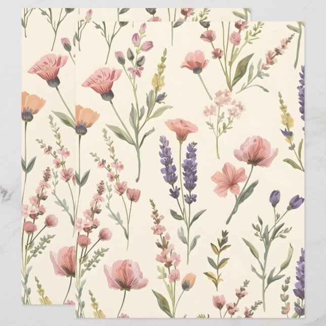 Elegant vild blomster mönstrad scrapbookpapper (Fram/baksida)