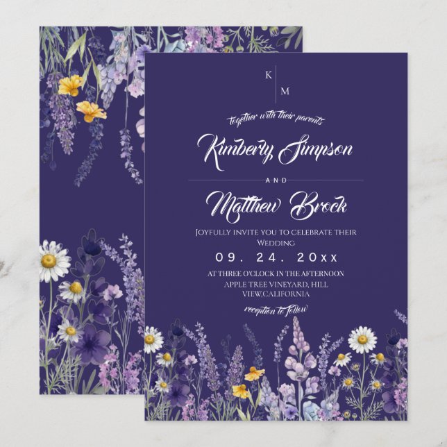 Elegant vild blomster rustic boho bröllop  inbjudningar (Fram/baksida)