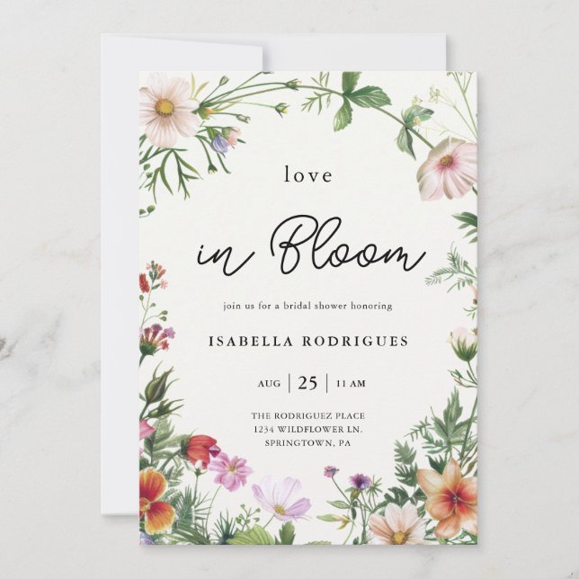 Elegant vild blomsterkärlek i blommande bröllopsdu inbjudningar (Framsida)