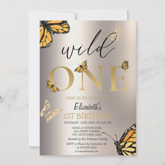 Elegant Vild En Guld Butterflies Birthday Inbjudningar (Framsida)