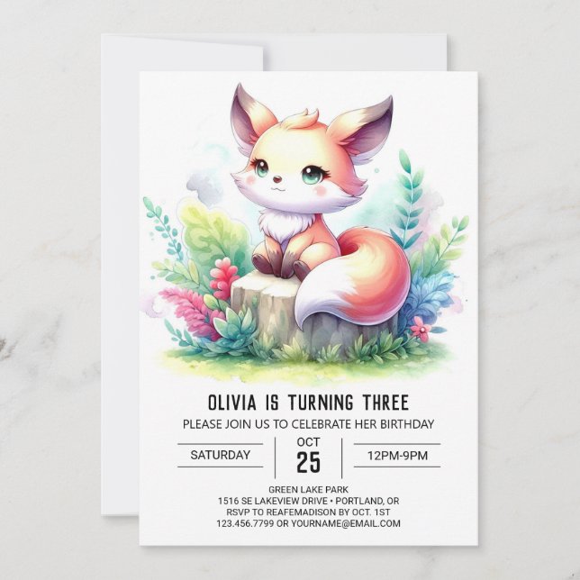 Elegant Vild Fox Birthday digital Inbjudningar (Framsida)