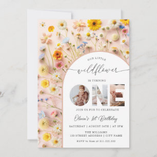 Elegant vildblomma 1-års födelsedagsfoto inbjudningar