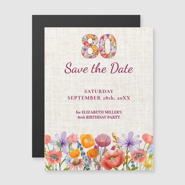Elegant vildblomma 80-årsdag Spara datum Magnetisk Inbjudningskort (Fram/baksida)