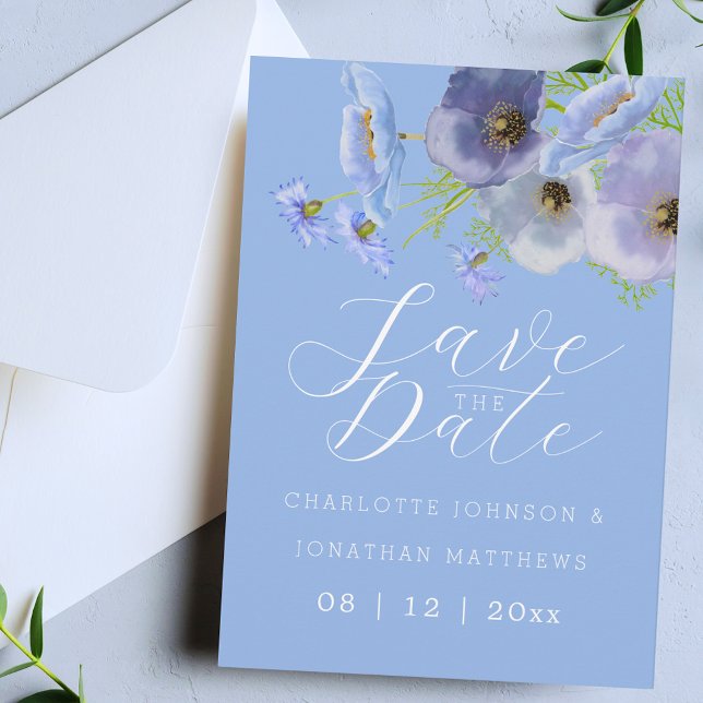 Elegant Vildblomma Akvarell Blå Blommig Bröllop Spara Datumet (Elegant boho wildflower bouquet watercolor blue floral wedding save the date Invitation)