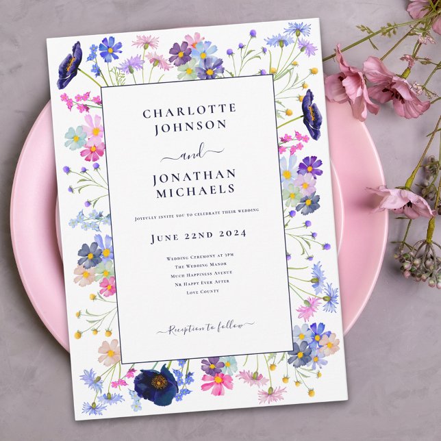 Elegant Vildblomma Akvarell Blommig Blå Rosa Inbjudningar (Boho chic wildflower meadow flowers navy blue blush pink floral garden wedding invitation )