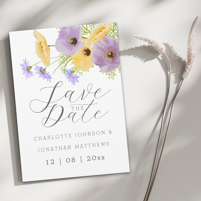 Elegant Vildblomma Akvarell Blommig Bröllop Spara Datumet (Elegant watercolor wildflower floral bouquet wedding save the date invitation)