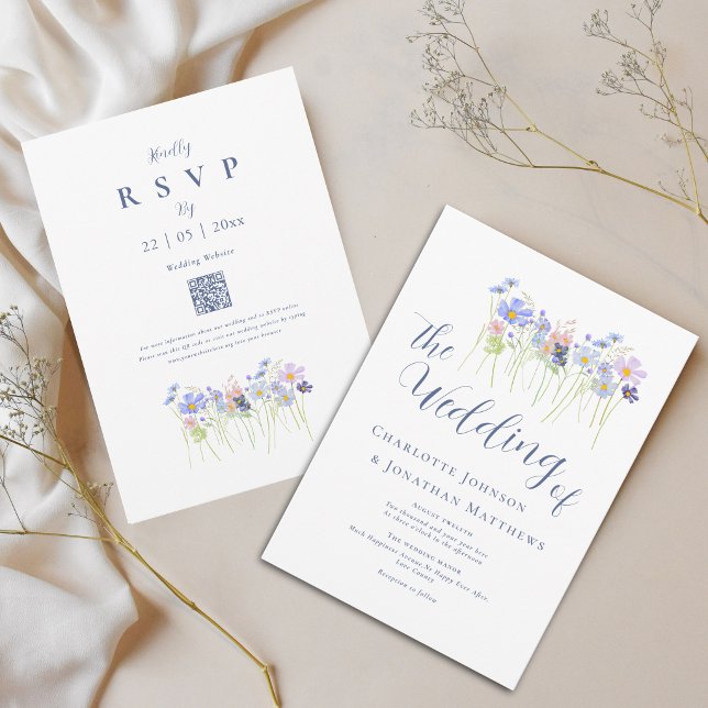 Elegant Vildblomma Blå Rosaton Rosa QR-kod Inbjudningar (Modern wildflower boho watercolor floral blue pink wedding qr code invitation)