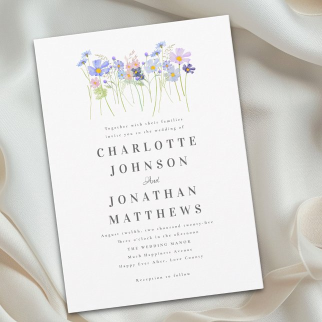 Elegant Vildblomma Blommig Blå Rosa Bröllop Inbjudningar (Elegant watercolor wildflower meadow blue pink floral wedding invitation)