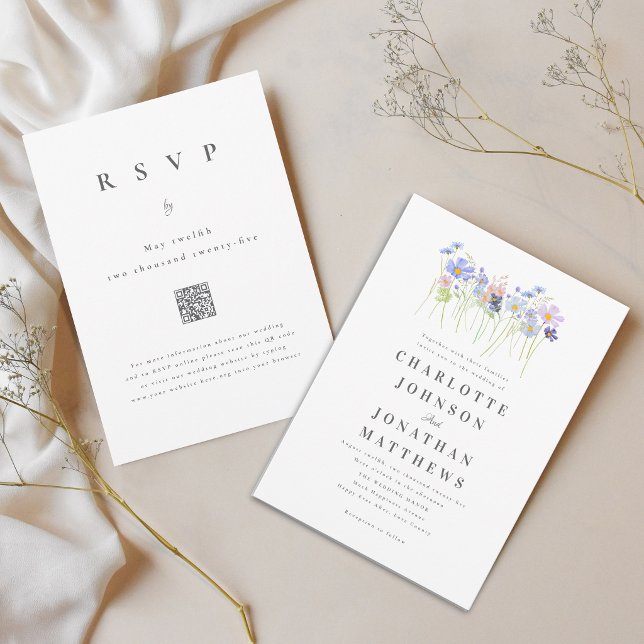 Elegant Vildblomma Boho Blå Rosa Bröllops QR-kod Inbjudningar (Elegant wildflower meadow watercolor floral blue blush pink wedding qr code invitation )