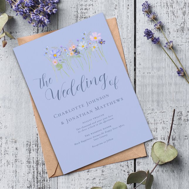 Elegant Vildblomma Boho Blommig Blå & Rosa Bröllop Inbjudningar (Boho chic wildflower meadow cornflower blue & pink Floral wedding invitation)