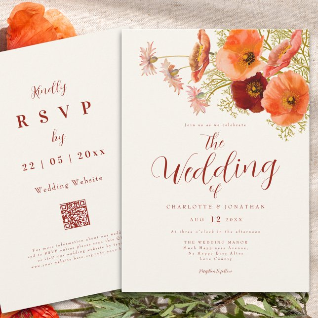 Elegant Vildblomma Boho Bröllop QR-kod Inbjudningar (Elegant boho wildflower fall wedding qr code invitation )
