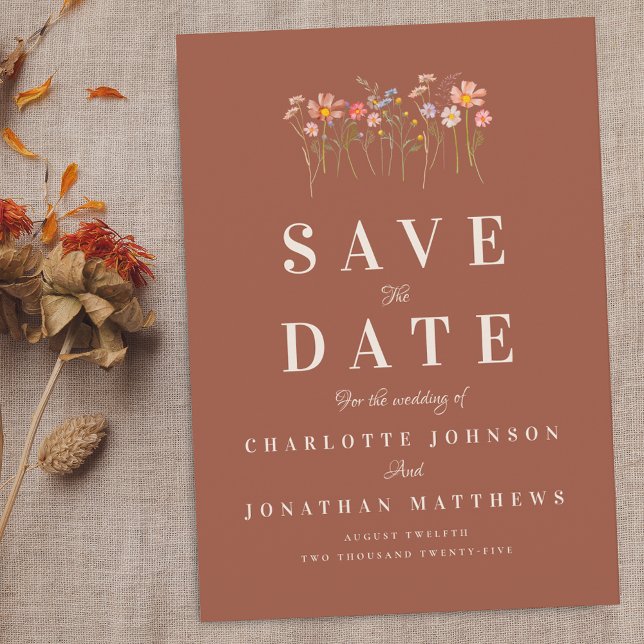 Elegant Vildblomma Boho Höst Terrakotta Bröllop Spara Datumet (Elegant modern boho fall wildflower floral terracotta wedding save the date invitation)