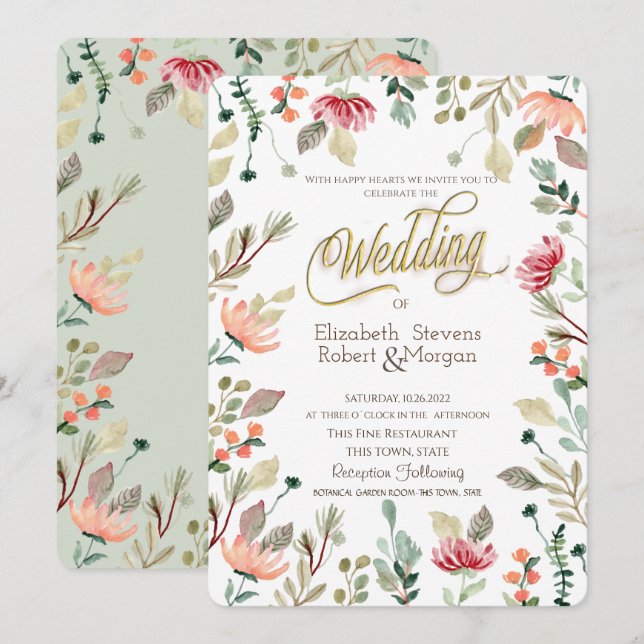 Elegant Vildblomma Bröllop Inbjudningar (Fram/baksida)