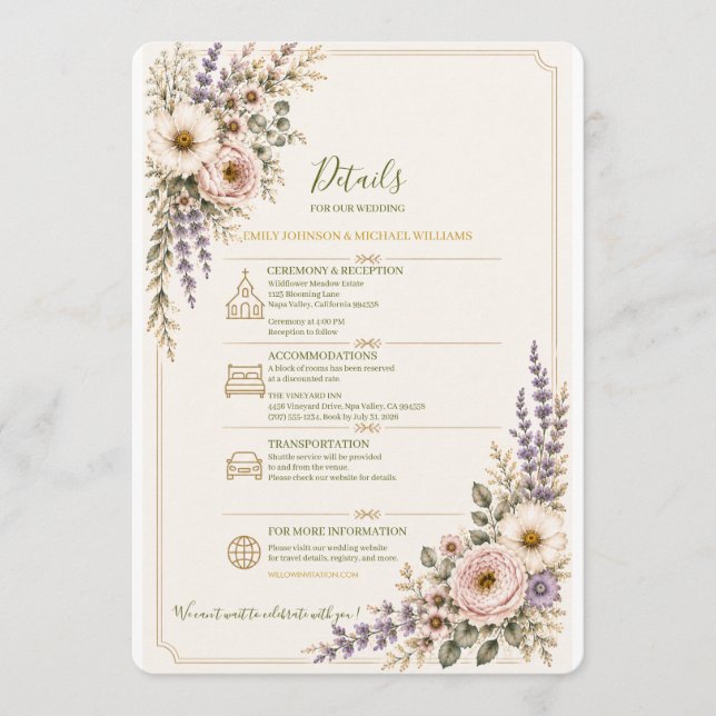 Elegant Vildblomma Bröllopsdetaljkort Inbjudningar (Framsida)