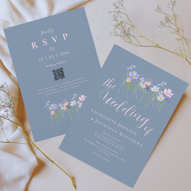 Elegant Vildblomma Dammig Blå Rosa Bröllop QR-kod Inbjudningar (Elegant wildflower meadow dusty blue blush pink floral wedding qr code invitation)