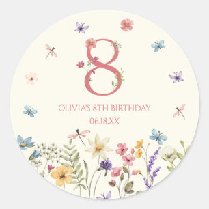Elegant vildblomma fjäril 8-års födelsedagsfest runt klistermärke