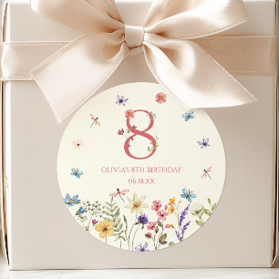 Elegant vildblomma fjäril 8-års födelsedagsfest runt klistermärke