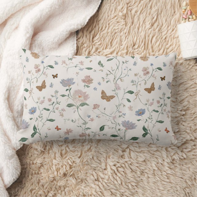 Elegant Vildblomma & Fjäril Toile-De-Jouy  Lumbarkudde (Filt)