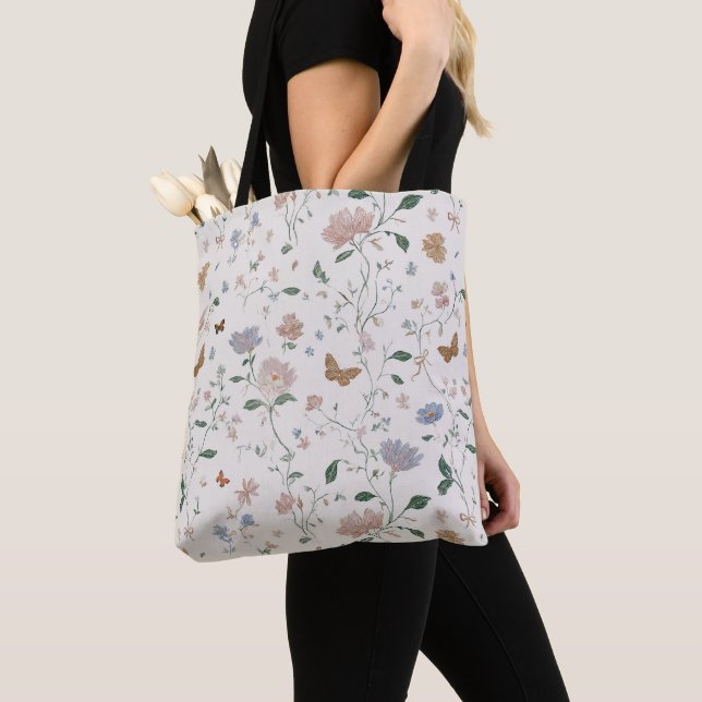 Elegant Vildblomma & Fjäril Toile-De-Jouy  Tygkasse (Närbild)