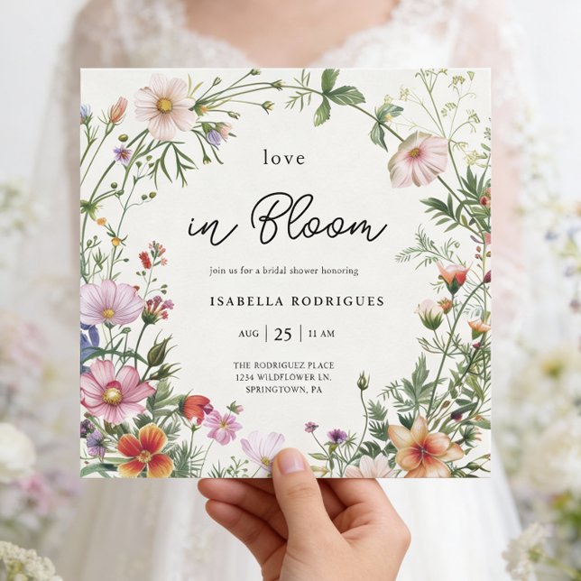 Elegant vildblomma kärlek i blom Bröllopsdusch Inbjudningar (Front of squared 5.25 inch invite is shown , choose size, paper, and corner style. Add QR to back)