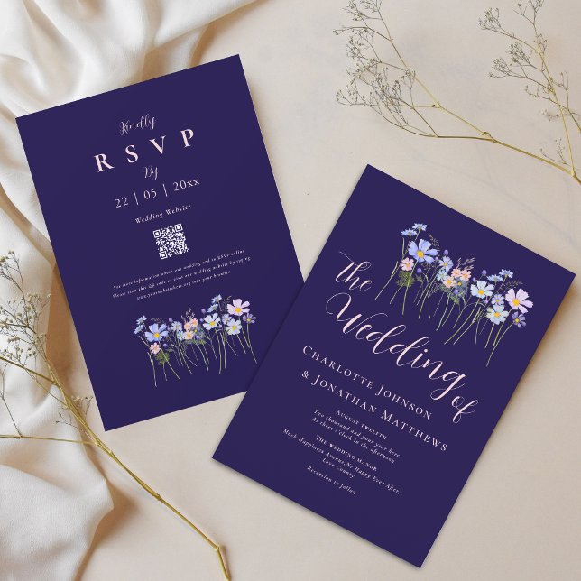 Elegant Vildblomma Marinblå Rosafärgad QR-kod Inbjudningar (Modern wildflower boho watercolor floral navy blue blush pink wedding qr code invitation)