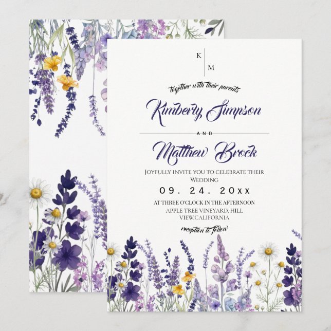 Elegant vildblomma rustik bröllop  inbjudningar (Fram/baksida)