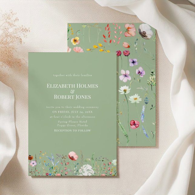 Elegant Vildblomma Salvia Grön Bröllopsinbjudan Inbjudningar (Elegant Wildflower Sage Green Wedding Invitation on a silk tablecloth with botanicals)