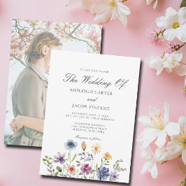 Elegant vildblomma vårbröllop med foto på baksidan inbjudningar