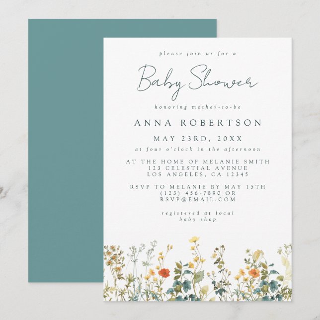 Elegant vildblommabebisfest inbjudningar (Fram/baksida)