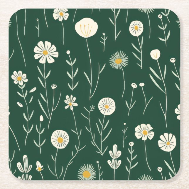 Elegant vildblommuster på mörkgrön  underlägg papper kvadrat (Framsidan)