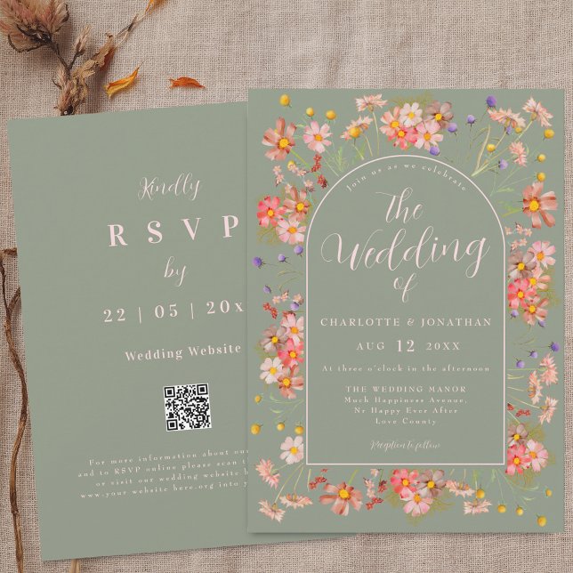 Elegant vildblomsbåge i sagegrön och rosafärgad br inbjudningar (Elegant Wildflower floral arch sage green and blush pink Wedding qr code invitation )