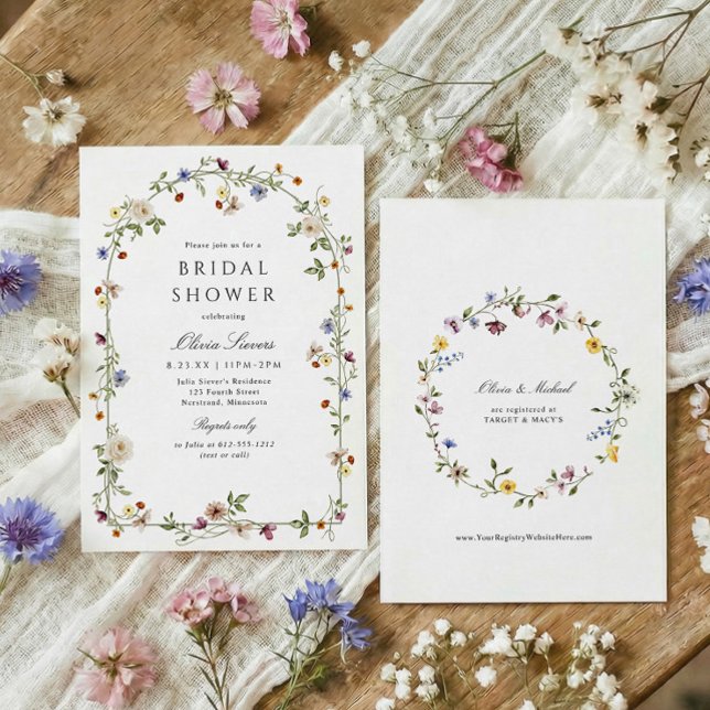 Elegant vildblomsbåge trädgård bröllopsdusch inbjudningar (Watercolor wildflowers garden bridal shower invitation, elegant botanical flowers with greenery arch)
