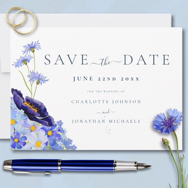Elegant vildblomsbröllop spara datumet (Elegant wildflower blue wedding save the date invitation )