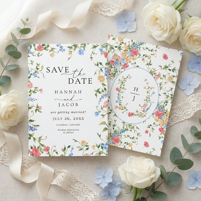 Elegant vildblomsmonogram bröllop spara datumet (Skapare uppladdad)