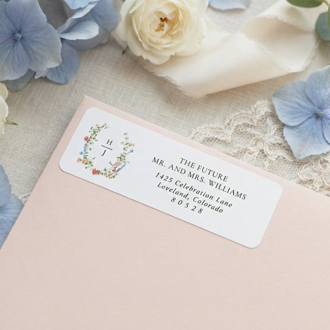 Elegant vildblomsmonogram för returadress på bröll etikett (Skapare uppladdad)
