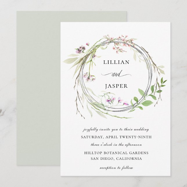 Elegant vildblomsterkrans bröllop inbjudningar (Fram/baksida)