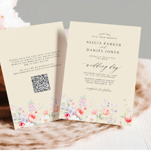 Elegant vildblomsterträdgård beige QR RSVP bröllop Inbjudningar