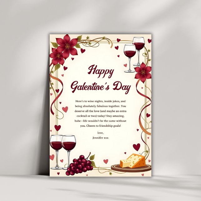 Elegant Vin & Cheese Best Friends Galentine's Day Julkort (Elegant Wine & Cheese Best Friends Galentine’s Day Holiday Card)