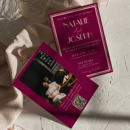 Elegant vin gammalt pengar retro foto QR-kod bröll Inbjudningar